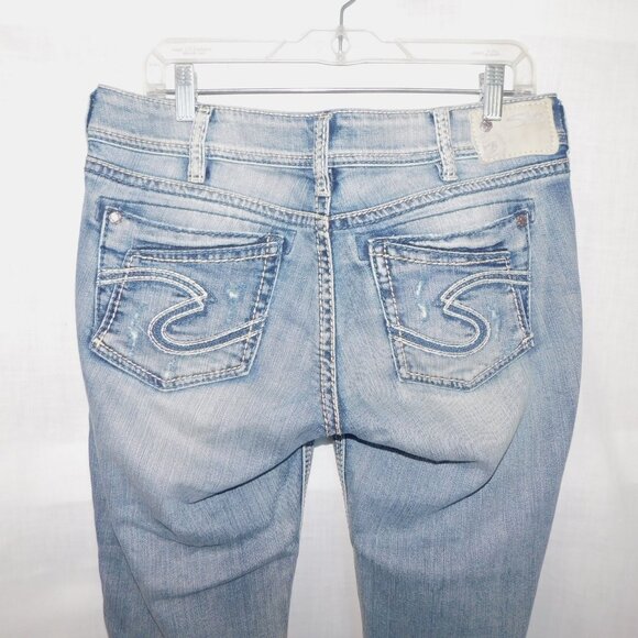 Silver Jeans Light Suki Mid Rise Baby Boot Distressed Womens 30 x 33 Blue Jeans - Picture 11 of 13